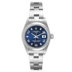 ROLEX 26MM DATEJUST STAINLESS STEEL WRISTWATCH WITH BLUE DIAL & SMOOTH BEZEL.