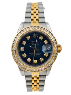 ROLEX 26MM DATEJUST 18K GOLD WRISTWATCH WITH BLUE DIAMOND DIAL & DIAMOND BEZEL.