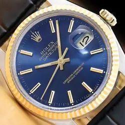ROLEX MENS DATEJUST 16013 BLUE DIAL 18K GOLD STEEL WATCH W/ BLACK LEATHER BAND