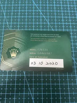 ROLEX GENUINE 126333 TWO TONE DATEJUST YEAR 2020 WARRANTY CARD RANDOM SERIES
