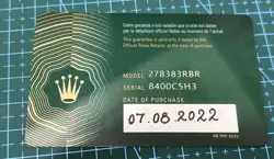 ROLEX GENUINE 278383RBR  YELLOW GOLD DATEJUST YEAR 2022 WARRANTY CARD RANDOM SER