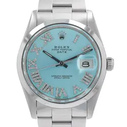 ROLEX DATE WATCH 15000 ICE BLUE DIAL GENUINE DIAMOND ROMAN OYSTER BAND 34MM