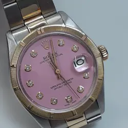 ROLEX DATE 34 MM CANDY PINK DIAMOND DIAL TWO TONE OYSTER WATCH 1500 CIRCA 1974