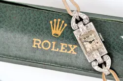 VINTAGE LADIES ROLEX DIAMOND 18K WHITE GOLD & PLATINUM HAND WIND WATCH WITH BOX