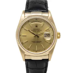 ROLEX DAY-DATE YELLOW GOLD 18038 CHAMPAGNE, LEATHER STRAP - PRE-OWNED