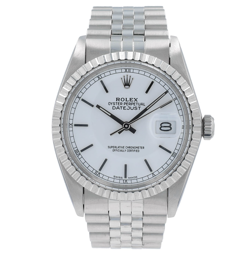 ROLEX MENS DATEJUST WATCH STEEL RARE WHITE INDEX DIAL ENGINE TURNED 36MM 16030