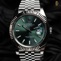 ROLEX DATEJUST 41MM 126334 GREEN DIAL, JUBILEE, 18K WHITE GOLD FLUTED BEZEL B&P