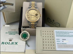 ROLEX DATEJUST 16233 CHAMPAGNE DIAL 18K YELLOW GOLD STAINLESS BOX PAPERS