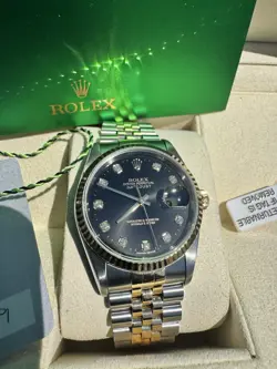 ROLEX DATEJUST 16233 GOLD & STEEL 36MM WATCH BLACK DIAMOND DIAL 18K FLUTED BEZEL