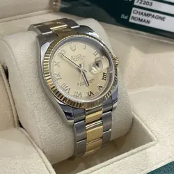 ROLEX DATEJUST 36 CHAMPAGNE ROMAN YELLOW GOLD OYSTERSTEEL FLUTED REF: 116233