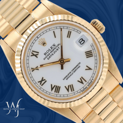 ROLEX MIDSIZE DATEJUST 31MM 18K GOLD WHITE ROMAN NUM DIAL FLUTED PRESIDENT 68278