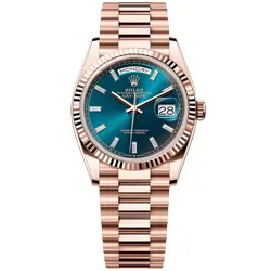 ROLEX DAY-DATE 36MM EVEROSE GOLD BLUE-GREEN BAGUETTE DIAMOND DIAL WATCH 12823