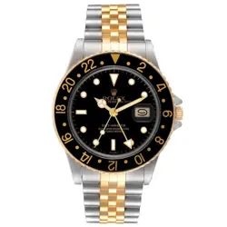 ROLEX 40MM VINTAGE GMT MASTER 18K GOLD / STEEL WRISTWATCH W/BLACK DIAL. (1675)