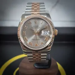 ROLEX DATEJUST 116231 SILVER ROMAN DIAL 18K ROSE GOLD SS 36MM JUBILEE FLUTED