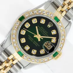 ROLEX DATEJUST 26 STEEL AND 18K GOLD GREEN DIAMOND EMERALD BEZEL WATCH