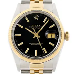 ROLEX MENS DATEJUST BLACK DIAL 18K GOLD STEEL 2TONE 16013 JUBILEE WATCH