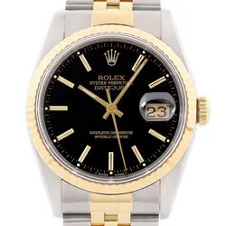 ROLEX MENS DATEJUST 16233 18K YELLOW GOLD & STEEL BLACK DIAL WATCH W/ ROLEX BAND
