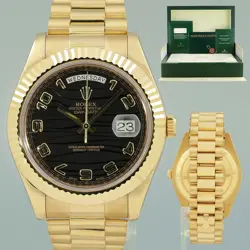 MINT ROLEX DAY DATE II PRESIDENT YELLOW GOLD BLACK WAVE 41MM 218238 WATCH BOX