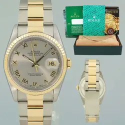 PAPERS 2022 RSC MINT ROLEX DATEJUST 16233 SILVER ROMAN TWO TONE STEEL 36MM WATCH