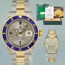 MINT PAPERS  ROLEX SUBMARINER 16613 TWO TONE GOLD SILVER SERTI DIAMOND WATCH BOX