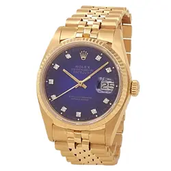 ROLEX DATEJUST 18K YELLOW GOLD JUBILEE DIAMONDS BLUE VIGNETTE MEN'S WATCH 16018
