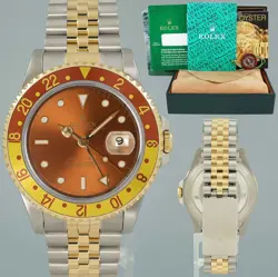 MINT ROLEX GMT-MASTER II 16713 TWO-TONE YELLOW GOLD STEEL ROOTBEER JUBILEE WATCH