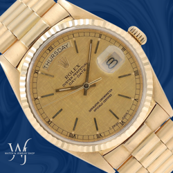 ROLEX MENS DAY-DATE 36MM 18KY GOLD CHAMPAGNE LINEN FLUTED PRESIDENT WATCH 18038
