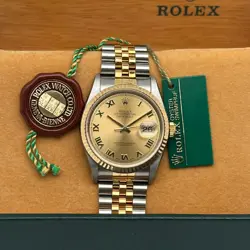 UNWORN ROLEX DATEJUST 16233 18K GOLD STEEL CHAMPAGNE ROMAN DIAL WATCH FULL SET