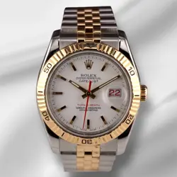 ROLEX 36MM DATEJUST TURN-O-GRAPH STEEL 18K YELLOW GOLD WHITE DIAL WATCH 116263