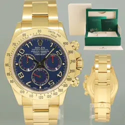 2007 MINT ROLEX DAYTONA 116528 BLUE ARABIC RACING 40MM CHRONO YELLOW GOLD WATCH