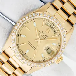 ROLEX DAY-DATE PRESIDENT YELLOW GOLD CHAMPAGNE DIAMOND DIAL DIAMOND BEZEL WATCH