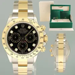2014 MINT ROLEX DAYTONA 116523 BLACK DIAMOND STEEL YELLOW GOLD TWO TONE WATCH