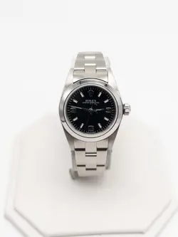 $7000 ROLEX OYSTER PERPETUAL BLACK DIAL SS LADIES WATCH SERVICED & PAPERS