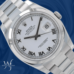 ROLEX MEN'S DATEJUST 36 W/ CARD WHITE ROMAN DIAL SMOOTH BEZEL OYSTER BAND 116200