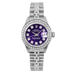 ROLEX DATEJUST 26MM STEEL CUSTOM PURPLE DIAMOND DIAL LADIES WATCH 69174