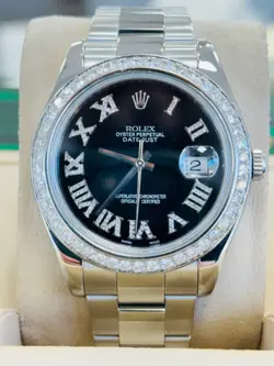 ROLEX DATEJUST II 116300 CUSTOM BLACK ROMAN DIAMOND DIAL AND BEZEL WATCH MINT