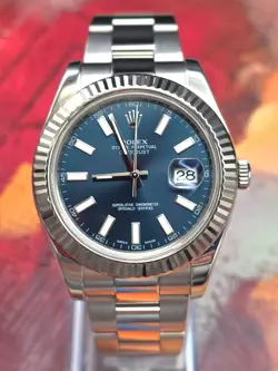 ROLEX DATEJUST 116334 18K FLUTED BEZEL BLUE DIAL BOX & PAPERS MENS WATCH 41MM