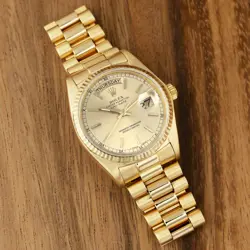 ROLEX DAY-DATE 36 18038, YELLOW GOLD, CHAMPAGNE DIAL, PRESIDENT BRACELET