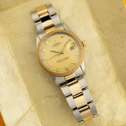 ROLEX DATE 34 15223, 34MM, STEEL & GOLD, CHAMPAGNE GOLD PEG DIAL, OYSTER BRAC...