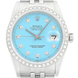 ROLEX MENS DATEJUST 18K WHITE GOLD STEEL AQUA BLUE DIAMOND WATCH W/ FOLDED BAND
