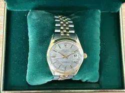 ROLEX DATE 1550 14K YELLOW GOLD SHELL WATCH SILVER MOSAIC DIAL 34MM