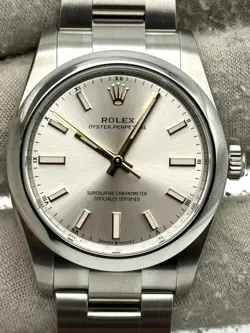 ROLEX OYSTER PERPETUAL 34MM SILVER DIAL STAINLESS STEEL BRACELET 124200 B&P 2024