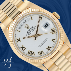 ROLEX MENS DAY-DATE 36MM 18K GOLD WHITE ROMAN DIAL FLUTED PRESIDENT WATCH 18238