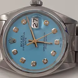 ROLEX DATE 34 MM STEEL BLUE TURQUOISE DIAMOND DIAL OYSTER WATCH 1500 CIRCA 1972