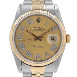 ROLEX DATEJUST TWOTONE WATCH CHAMPAGNE GENUINE DIAMOND ROMAN DIAL 16233 36MM