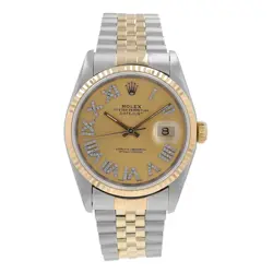 ROLEX DATEJUST TWOTONE WATCH CHAMPAGNE GENUINE DIAMOND ROMAN DIAL 16233 36mm