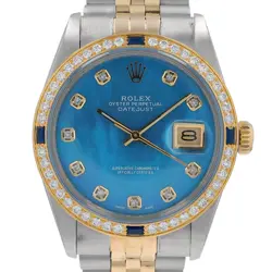 ROLEX MENS DATEJUST TWOTONE WATCH BLUE MOTHER OF PEARL DIAL DIAMOND-SAPPHIRE