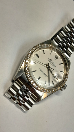 ROLEX DATEJUST 1601 SILVER STICK DIAL- CUSTOM DIAMOND BEZEL-SS WATCH