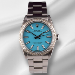 ROLEX OYSTER PERPETUAL 31MM 2CT DIAMONDS BABY BLUE DIAL STEEL WATCH 77080