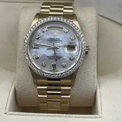 ROLEX DAY-DATE 36 GOLD PRESIDENTIAL MOTHER OF PEARL DIAMOND BEZEL REF: 18238